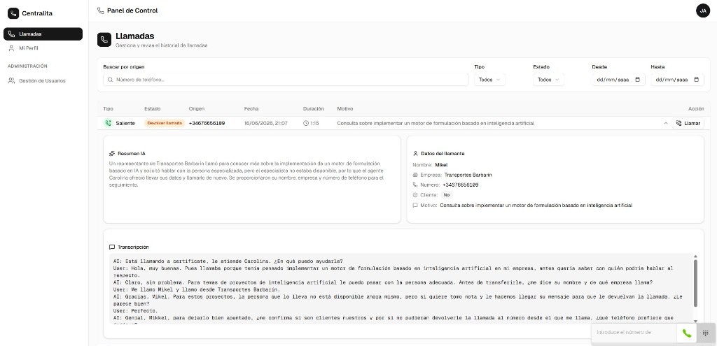 Panel de llamadas de Centralita IA con resumen, datos del llamante y transcripción